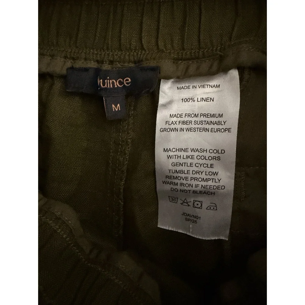 Quince 100% European Linen Wide Leg Pants Olive Green Drawstring Elastic Waist M